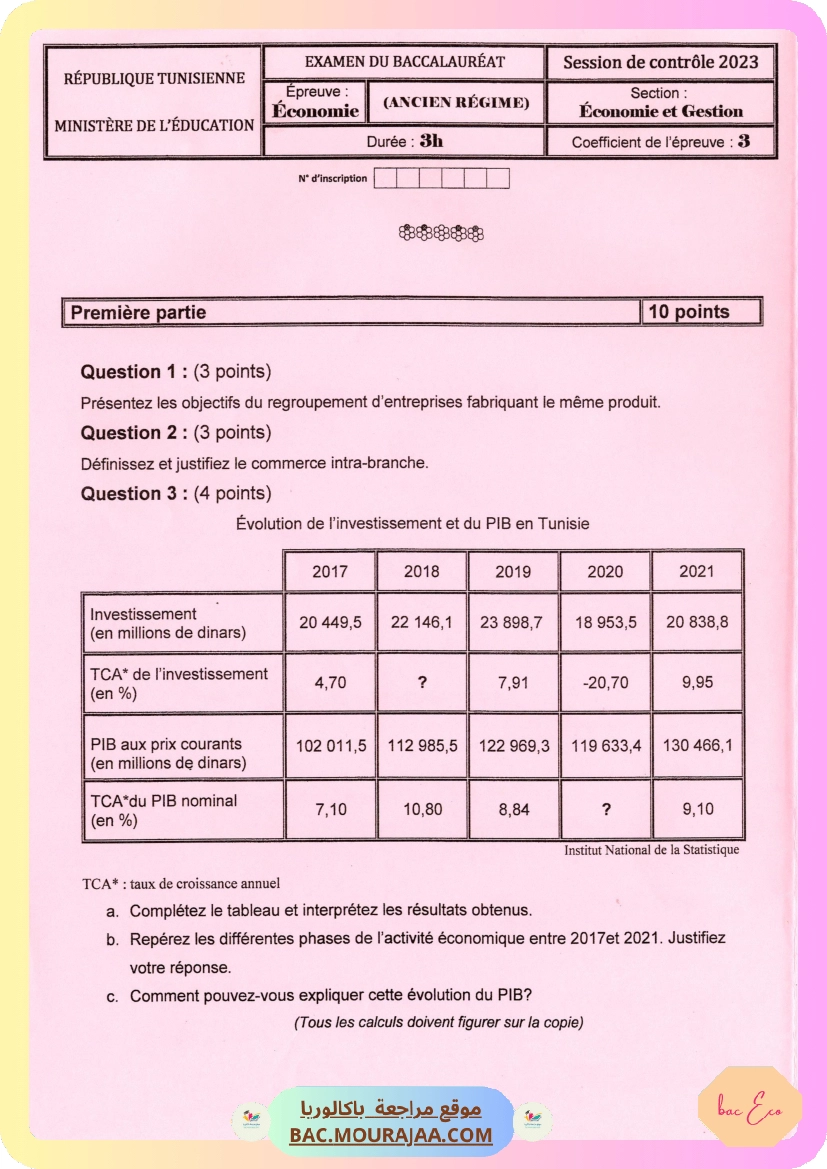 Sujet controle eco Bac 2023 – Section eco